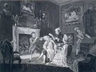 Diener lenken einen eitlen alten Mann ab, während ein anderer aus dem Schreibtisch stiehlt, graviert von Goldar, 1771